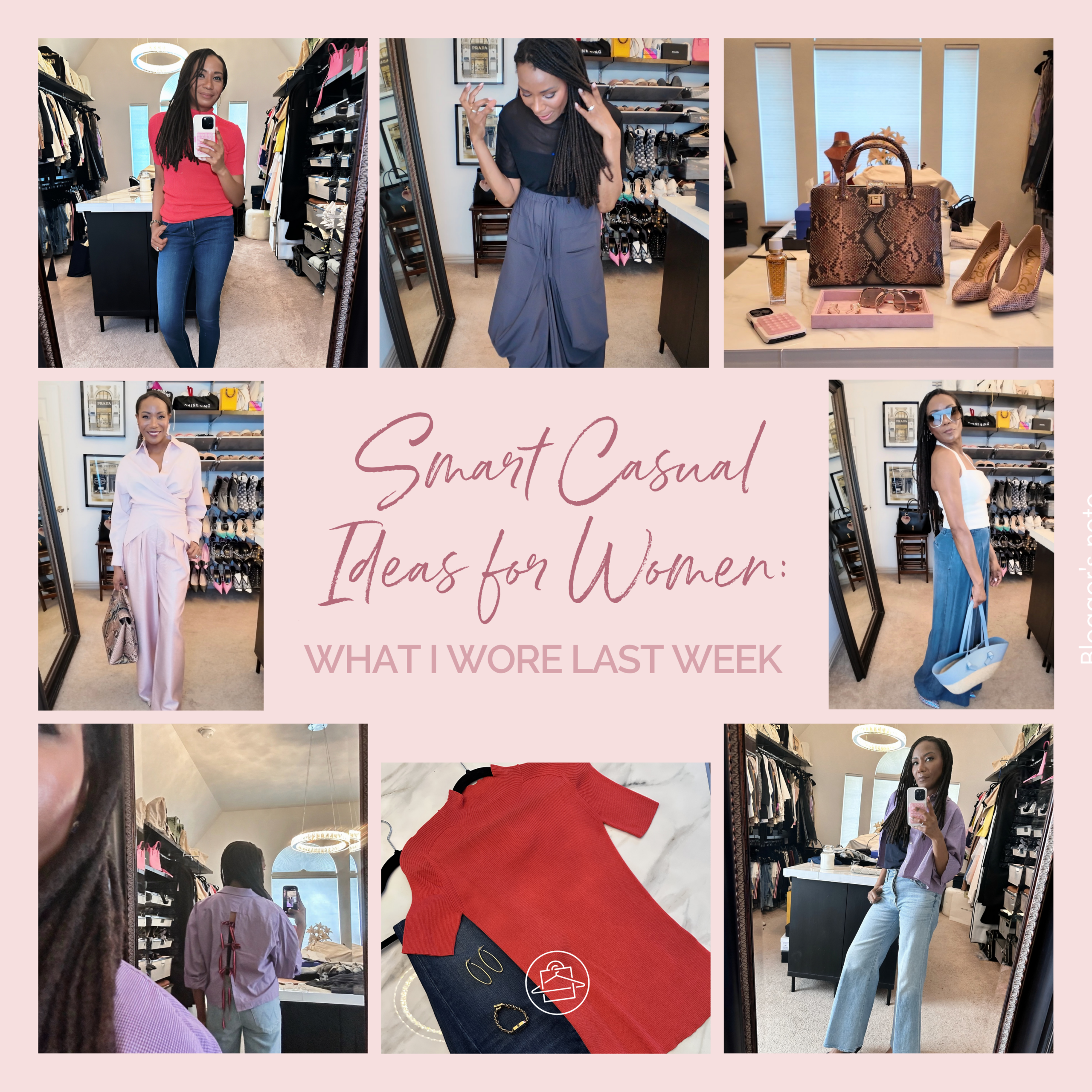 A professional wardrobe stylist showcasing smart casual outfit ideas for women in a weekly style lookbook.
